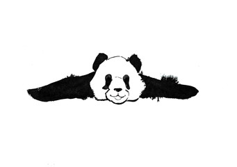 Panda lies with his paws spread on his belly. Black-and-white graphics for design. Set of hand drawn design elements. Collection of black ink © Elena