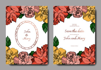 Fototapeta premium Vector Roses floral botanical flowers. Black and white engraved ink art. Wedding background card decorative border.