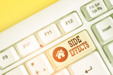 Text sign showing Side Effects. Business photo text secondary undesirable effect of a drug or medical treatment White pc keyboard with empty note paper above white background key copy space