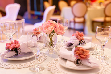 Decorated table for dinner. Table decoration concept for events.