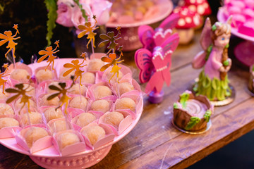 Fairy themed children's party decoration and candy. Decoration concept for children's party.