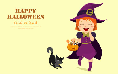 Happy little girl in witch costume carrying a halloween bucket full with snack and candy, walking with a black kitten. Cartoon character flat design vector illustration.