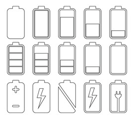 Battery outline icons set. Charge level. Vector illustration image.