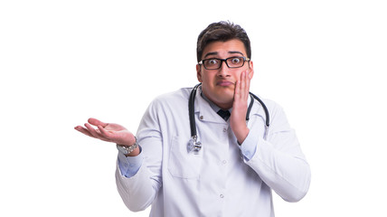 Young male doctor isolated on white background