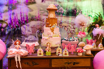 Fairy themed children's party decoration and candy. Decoration concept for children's party.