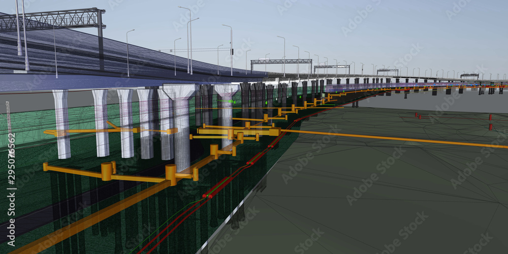 Wall mural the bim model of the object of transport infrastructure of wireframe view