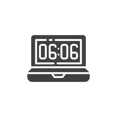 Laptop clock time vector icon. filled flat sign for mobile concept and web design. Computer time screen glyph icon. Symbol, logo illustration. Vector graphics