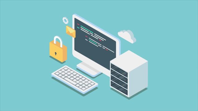 Web hosting service, cloud computing, data storage, secure network connection, 3d isometric concept. Video animation clip.