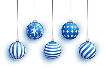 Blue Christmas tree toy set isolated on white background. Stocking Christmas decorations. Vector object for christmas design, mockup. Vector realistic object Illustration.