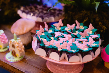 Fairy themed children's party decoration and candy. Decoration concept for children's party.
