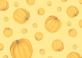 Yellow pumpkin on pastel yellow background.