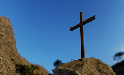 Concept or conceptual religious christian cross standing on rock on the mountain over beautiful sunset sky. A background for faith, religion belief, Jesus Christ or spiritual church 3D illustration