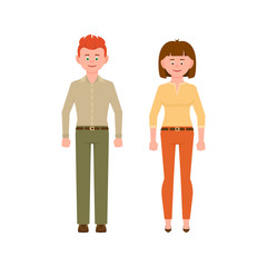 Young red hair man in green pants and brown hair woman in orange pants vector illustration. Front view standing boy and girl cartoon character set on white background