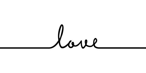 Love - continuous one black line with word. Minimalistic drawing of phrase illustration - obrazy, fototapety, plakaty