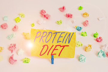 Word writing text Protein Diet. Business photo showcasing low in fat or carbohydrate consumption weight loss plan Colored crumpled papers empty reminder white floor background clothespin