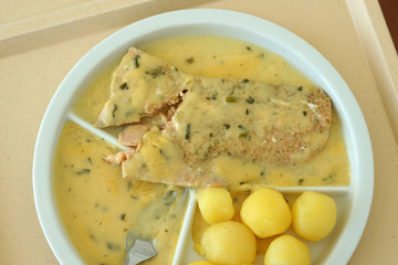 Salmon with boiled potatoes and gravy served as a delicious lunch on the tray