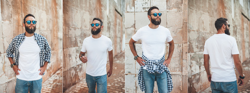 Collage of photos with young bearded guy in blank white t-shirt. Design men t shirt mock-up for print