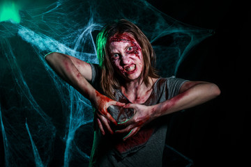 portrait of a scary bloody zombie girl. Horror. Halloween.