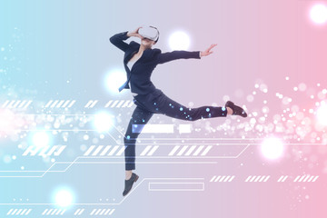 Obraz premium businesswoman in virtual reality headset levitating on blue and pink gradient background with cyberspace illustration