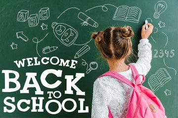 Back view of kid near green chalkboard with welcome back to school lettering on green