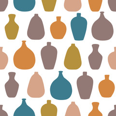 Vases and bottles seamless vector pattern for the kitchen.  Different shapes and natural colors. - 295079770