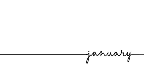 January - continuous one black line with word. Minimalistic drawing of phrase illustration - obrazy, fototapety, plakaty