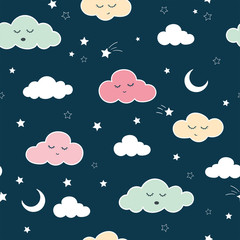 Fun clouds seamless pattern, hand drawn doodles stars, clouds, moon - great for textiles, banners, wallpapers, bed linen - vector surface design