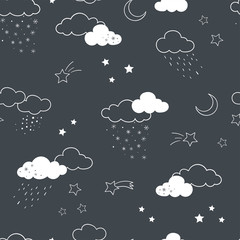 Fun clouds seamless pattern, hand drawn doodles stars, clouds, moon - great for textiles, banners, wallpapers, bed linen - vector surface design © TALVA