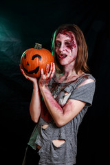 Close-up portrait of horrible zombie woman with wounds. Horror. Halloween poster.