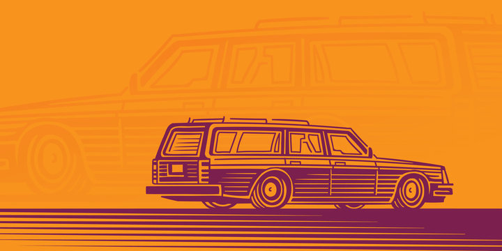 Retro estate car illustration, station wagon illustration, card template. Vector, layered. 