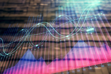 Financial chart hologram with abstract background. Double exposure. Concept of market analysis