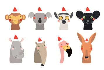 Christmas set with cute animals in Santa Claus hats. Isolated objects on white background. Hand drawn vector illustration. Scandinavian style flat design. Concept, element for kids print, invite, card