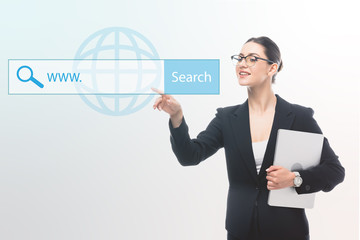 smiling businesswoman pointing with finger at search field illustration on grey background