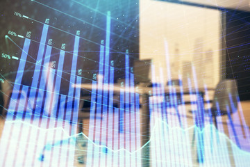 Business theme graph hologram with minimalistic cabinet interior background. Double exposure. Stock market concept.