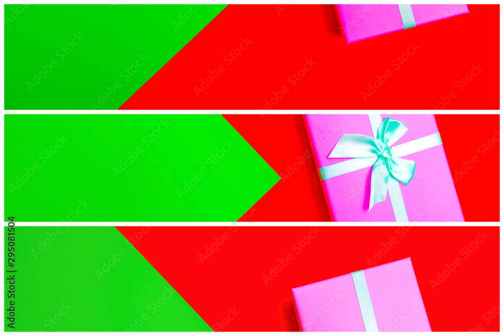 Aufkleber gift box with ribbon on a colorful background. view from above. three sections.
