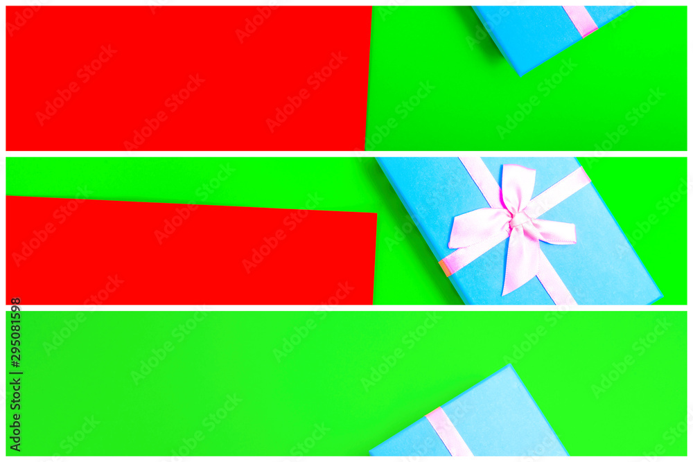 Aufkleber gift box with ribbon on a colorful background. view from above. three sections.