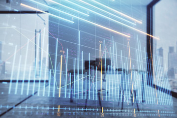 Forex chart hologram with minimalistic cabinet interior background. Double exposure. Stock market concept.