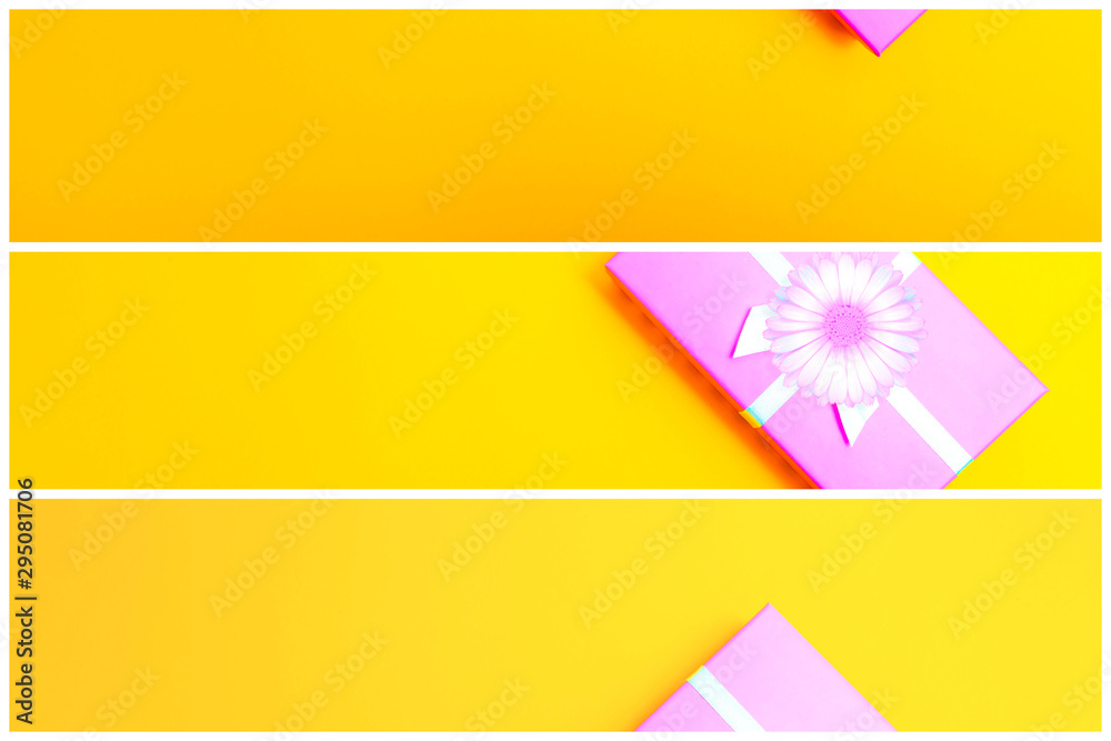 Aufkleber gift box with ribbon on a colorful background. view from above. three sections.