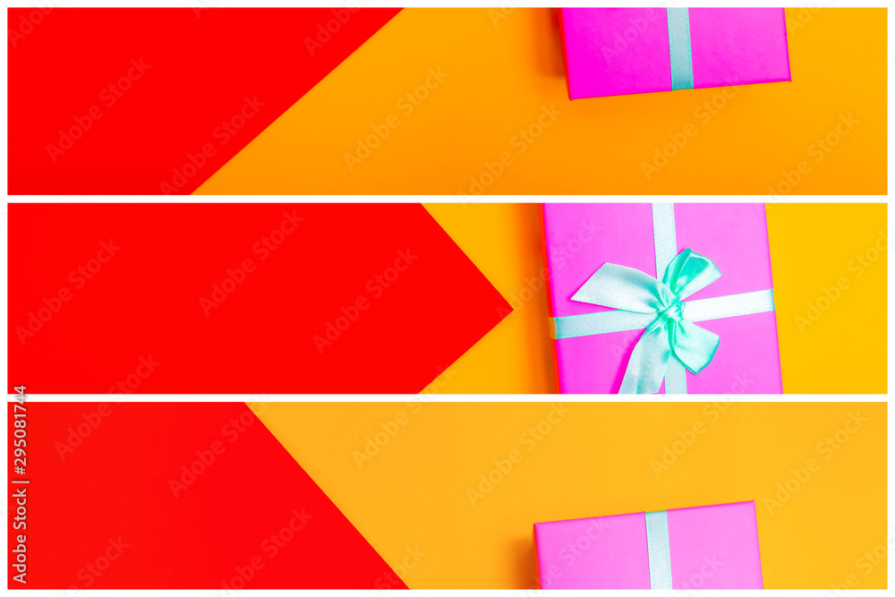 Aufkleber gift box with ribbon on a colorful background. view from above. three sections.