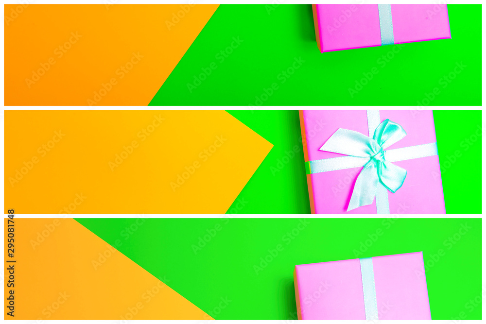 Poster gift box with ribbon on a colorful background. view from above.