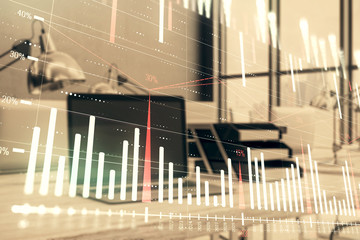 Stock market chart and desktop office computer background. Multi exposure. Concept of financial analysis.