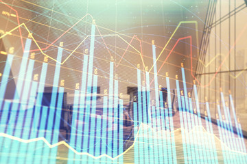 Multi exposure of stock market graph on conference room background. Concept of financial analysis