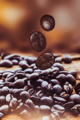 close up coffee beans on brown background