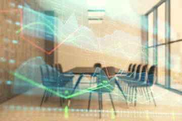 Multi exposure of stock market graph on conference room background. Concept of financial analysis