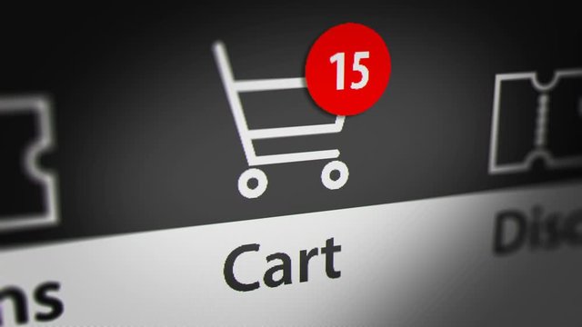 Animation of Adding Items to a Shopping Cart Icon on Computer Screen. Online Shopping Concept