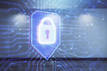 Double exposure of lock icon hologram on empty room interior background. Data security concept.