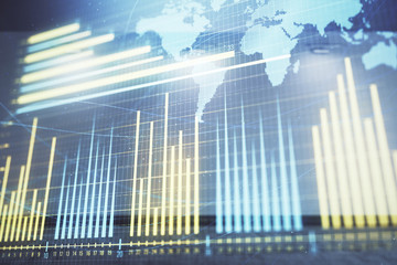 Double exposure of financial chart with world map on empty room interior background. International market concept.