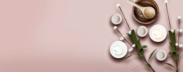 Cosmetic Beauty corner for web banner. Skin cream - Cosmetics spa concept. Empty space, flat lay, top view