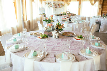 Served for banquet restaurant table with dishes, snack, wine glasses