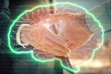 Double exposure of human brain drawing on city view background with handshake. Concept of brainstorm